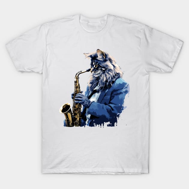 Maine Coon Cat Playing Saxophone T-Shirt by Graceful Designs